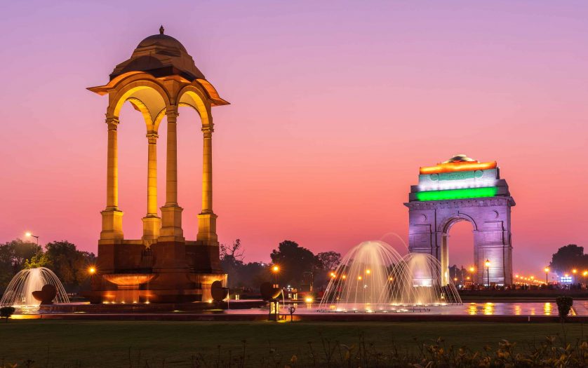 The india gate and the canopy, night illuminated view, New Delhi,