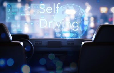 Self driving or autonomous car concept with graphic display in 3d rendering car