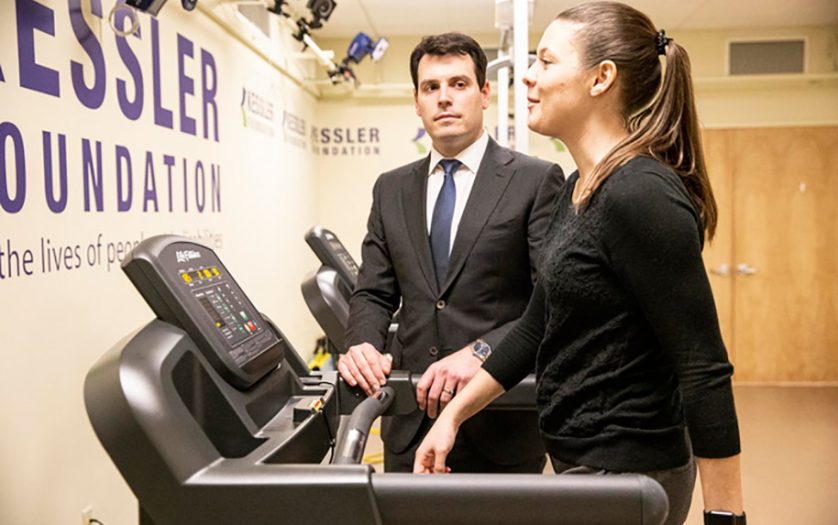 Dr. Brian Sandroff monitors a research participant in an MS exercise study at Kessler Foundation.