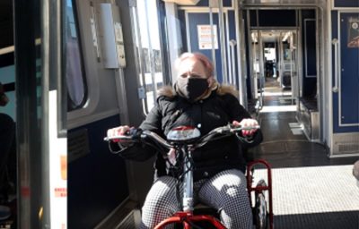 woman with disability inside NJ Transit compartment