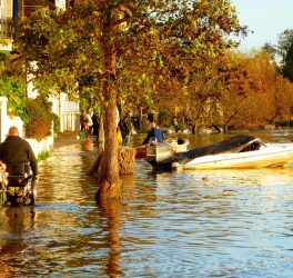 people on flooded street, inclusing a wheelchair user