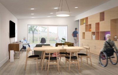 A rendering of the dining area of a small option home by RHAD Architects