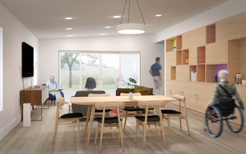 A rendering of the dining area of a small option home by RHAD Architects