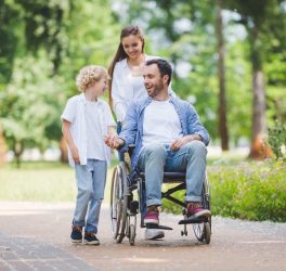 Wheelchair user with his son and wife in the street