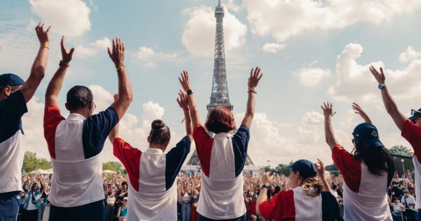 People wearing the colours of the French flag wave in front of the Eiffel tower in Paris.