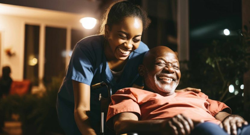 Young female caregiver helping a senior man in a wheelchair in a nursing home at night smiling