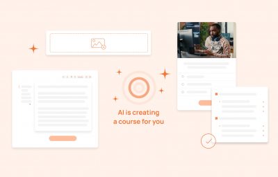 a person using computer (right) with text AI is creating a course for you