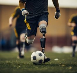 Athletic men with artificial bionic legs playing soccer at the stadium
