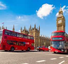 Big Ben, Westminster Bridge, red bus in London