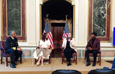 Shelby Rowe, second from right, executive director of the Suicide Prevention Resource Center at the University of Oklahoma, speaks at a White House panel discussion Tuesday with actress Ashley Judd, second from left, and singer-songwriter Aloe Blacc, right. The discussion, facilitated by U.S. Surgeon General Vivek Murthy, M.D., MBA, left, was held to mark the release of the National Strategy for Suicide Prevention.