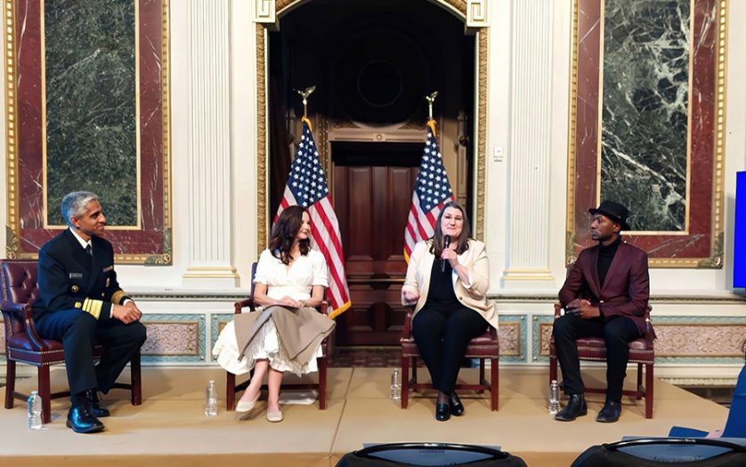 Shelby Rowe, second from right, executive director of the Suicide Prevention Resource Center at the University of Oklahoma, speaks at a White House panel discussion Tuesday with actress Ashley Judd, second from left, and singer-songwriter Aloe Blacc, right. The discussion, facilitated by U.S. Surgeon General Vivek Murthy, M.D., MBA, left, was held to mark the release of the National Strategy for Suicide Prevention.