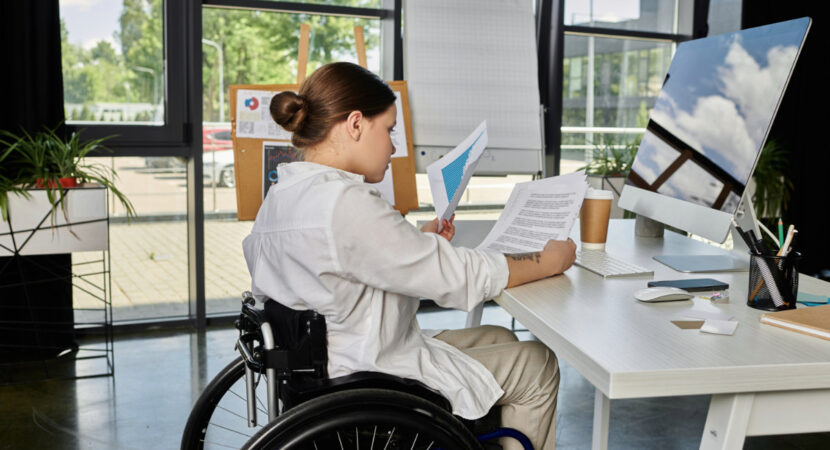 woman in wheelchair working in an office