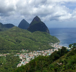 Wide Shot of City Surrounded by Green Mountains