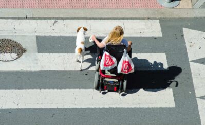 A woman in a wheelchair and accompanied by a dog, go on a pedestrian crossing.