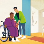 graphics of worker assisting participant to get out of chair in bathroom