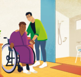 graphics of worker assisting participant to get out of chair in bathroom