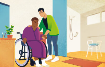 graphics of worker assisting participant to get out of chair in bathroom