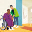 graphics of worker assisting participant to get out of chair in bathroom