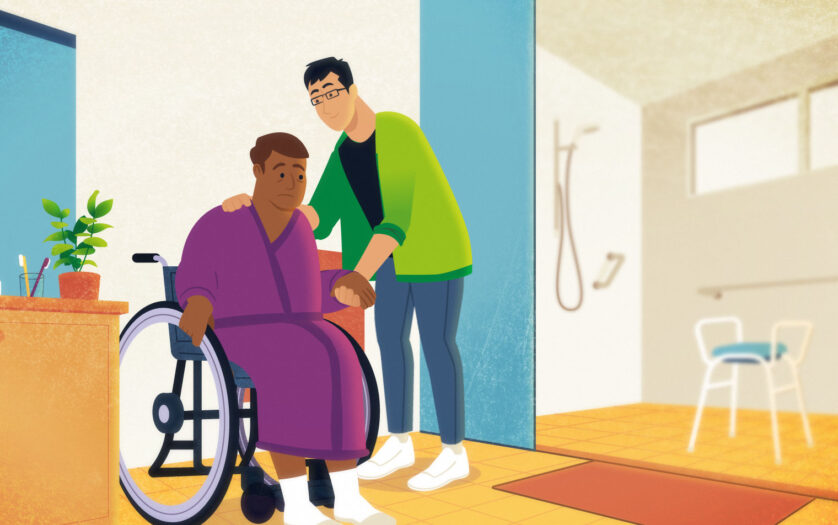 graphics of worker assisting participant to get out of chair in bathroom