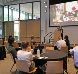 Stephanie Valencia, assistant professor at the University of Maryland, giving a talk on Day One of the Disability and Access in Tech and AI Summit.
