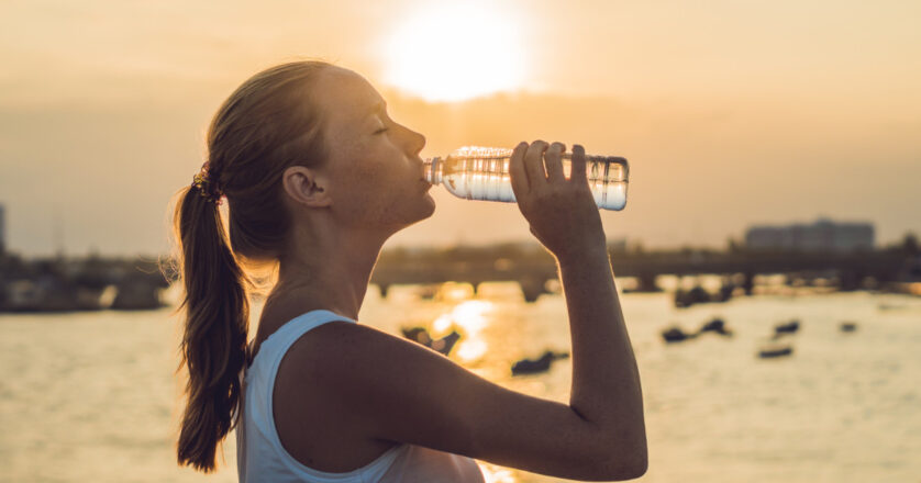 woman drinking water outdoor on sunny day.