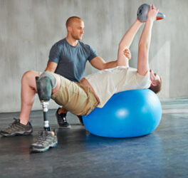 Person with disability, physiotherapist and help with kettlebell for stretching.