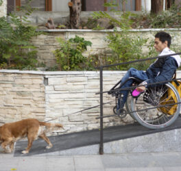 Side view of man in a wheelchair with dog on the ramp