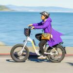 A woman rides an electric bicycle along the waterfront, wearing a purple coat and helmet, on a sunny day.