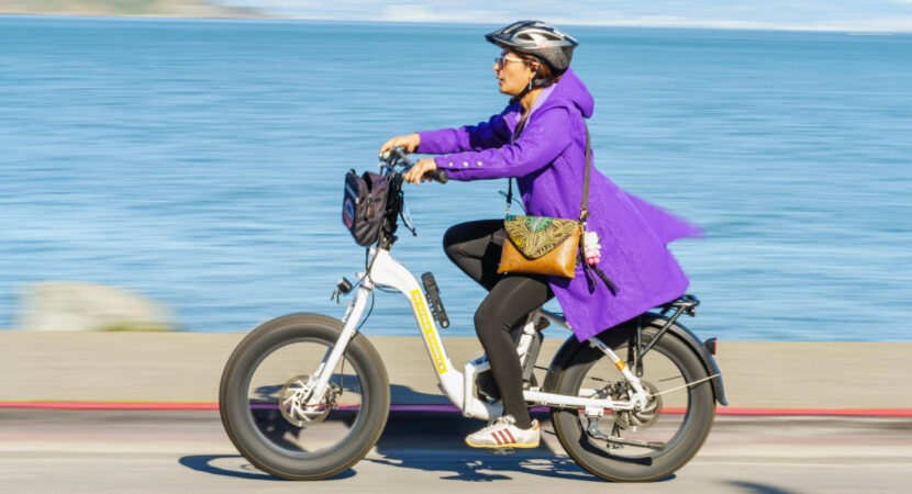 A woman rides an electric bicycle along the waterfront, wearing a purple coat and helmet, on a sunny day.
