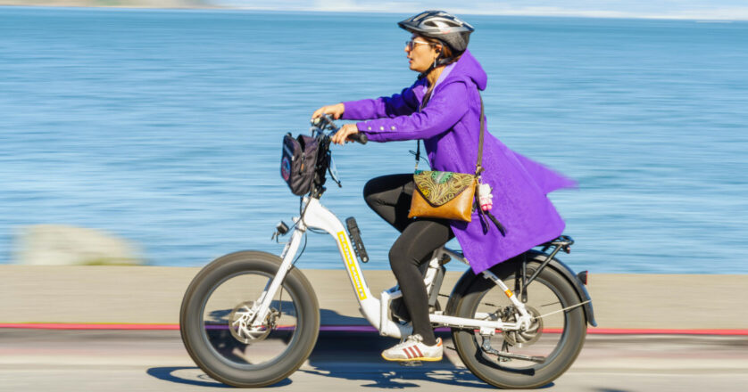 A woman rides an electric bicycle along the waterfront, wearing a purple coat and helmet, on a sunny day.