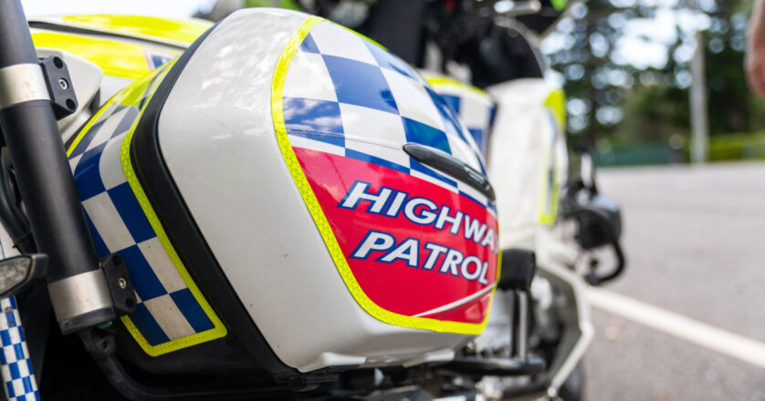 Police motorcycle with a Highway Patrol label