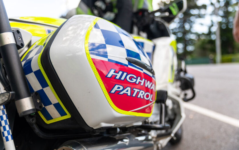 Police motorcycle with a Highway Patrol label