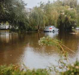 A car struggles through a flooded street surrounded by trees after a heavy rainstorm.