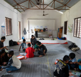 children sitting on the floor of safe spaces in Bidur 8, Nepal