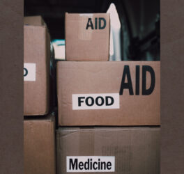 Close-up of aid packages with labels for food and medicine